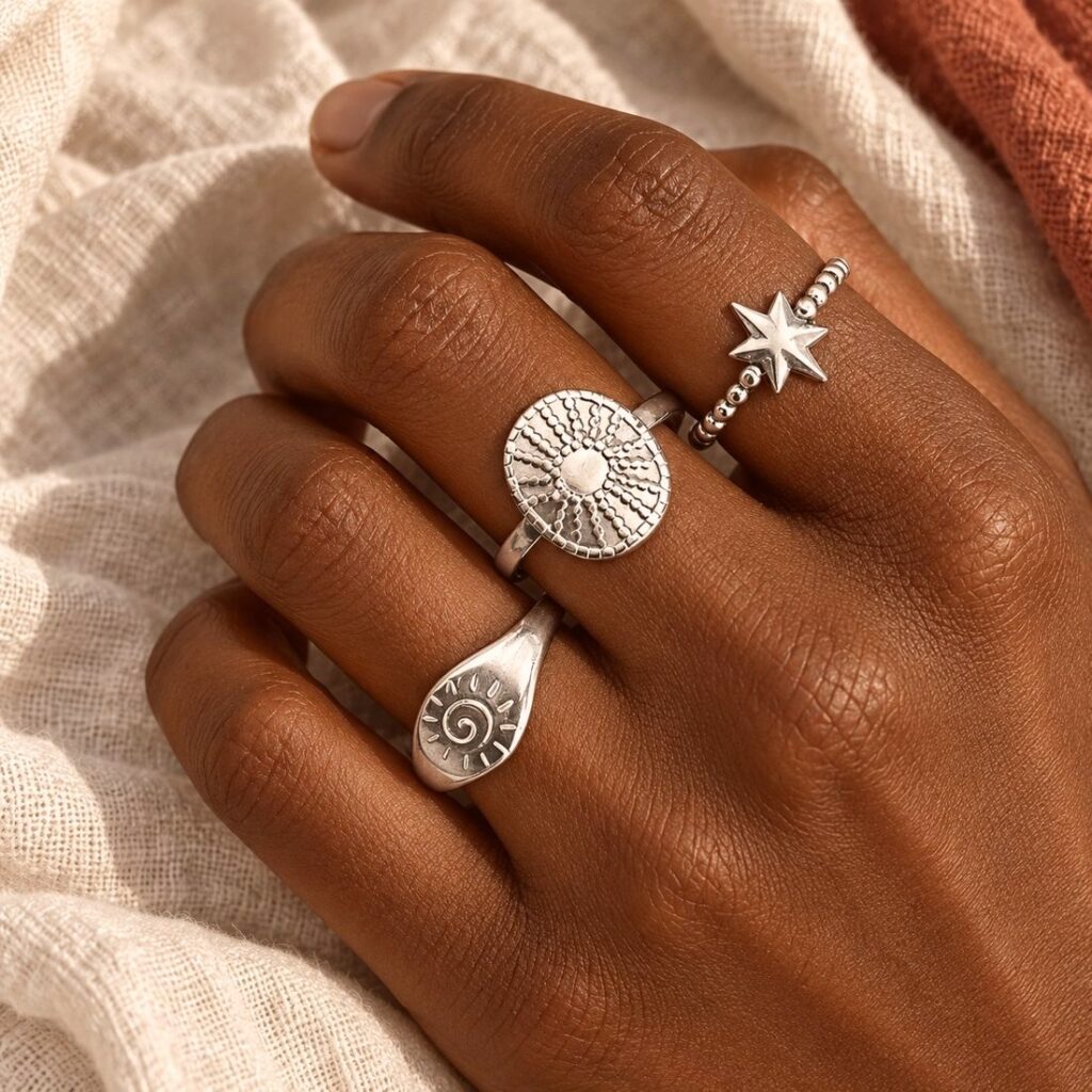 Sun, spiral and star ring set