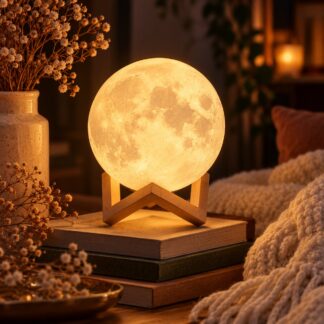 Moon lamp glowing warm on a wooden stand on a bedside table