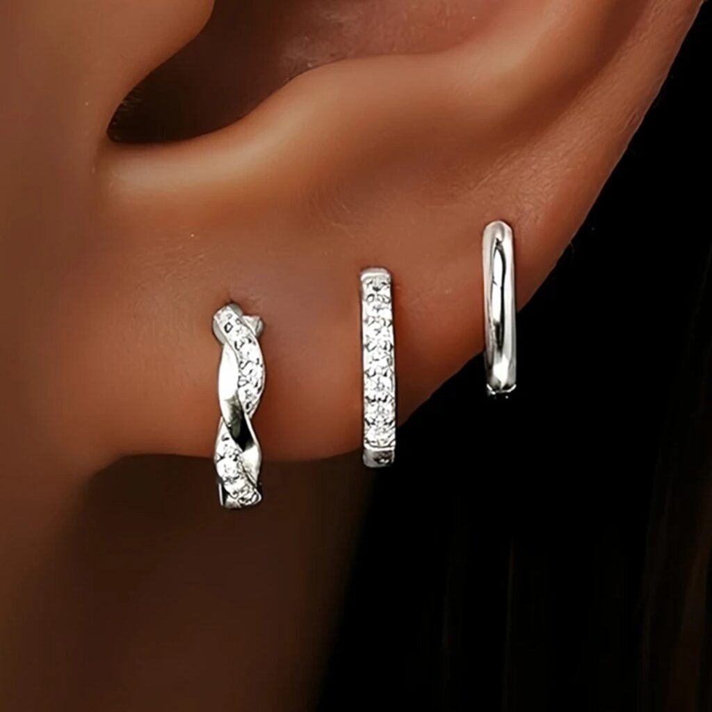 Sunset Sparkle Hoops silver huggie hoop trio